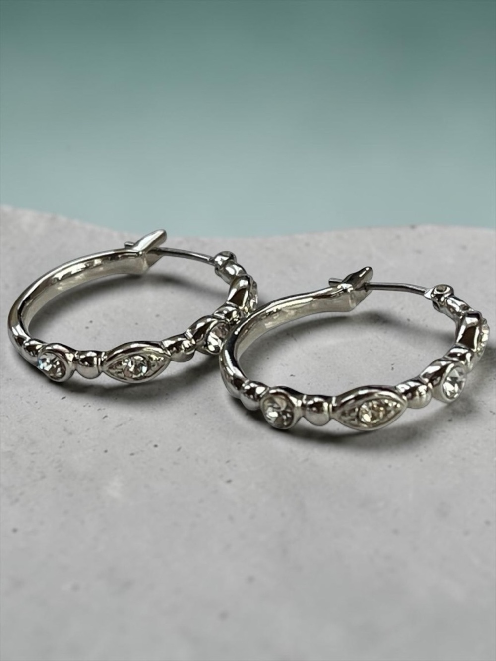 Signed Monet Rhinestone Hoop Earrings Silver Tone Vintage